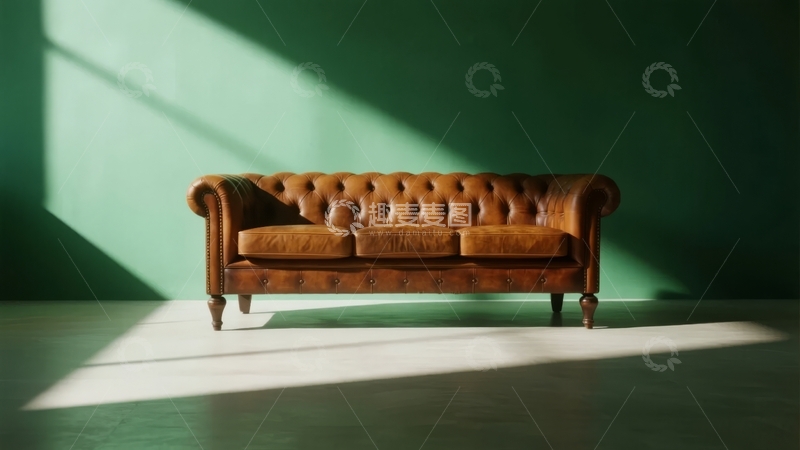 高清大图下载【趣麦麦图】复古棕色皮质沙发置于绿色墙壁前
