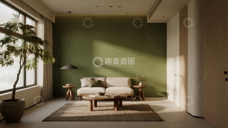 高清大图下载【趣麦麦图】现代简约客厅阳光洒在绿色墙壁与木质家具上
