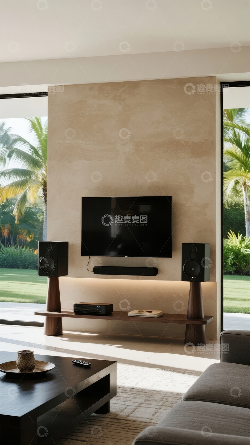 高清大图下载【趣麦麦图】现代客厅电视墙设计窗外绿植环绕