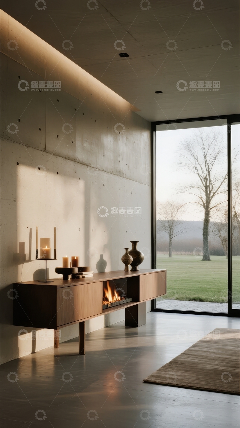 高清大图下载【趣麦麦图】现代简约风格客厅内景展示落地窗与壁炉