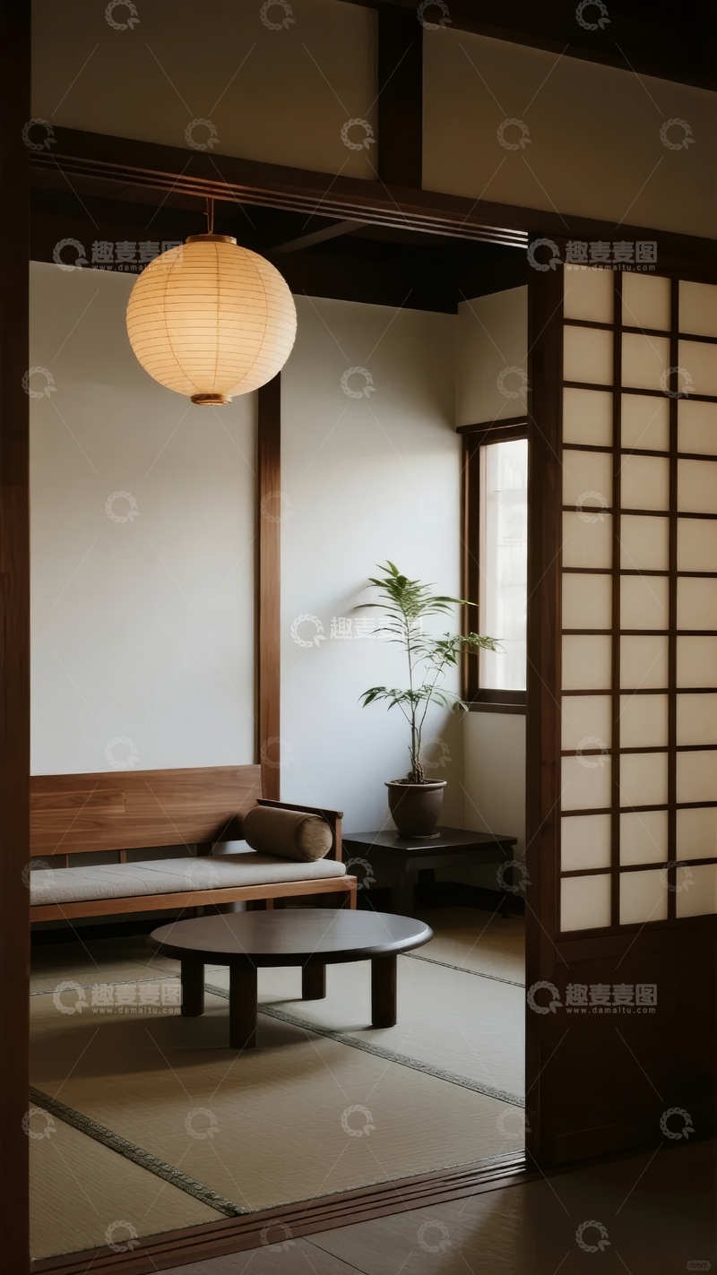 高清大图下载【趣麦麦图】日式传统房间内悬挂纸灯笼摆放绿植