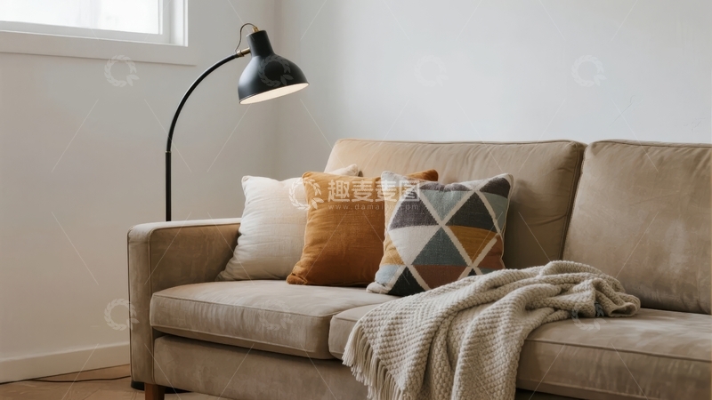 高清大图下载【趣麦麦图】米色沙发配几何图案抱枕和落地灯的温馨室内一角