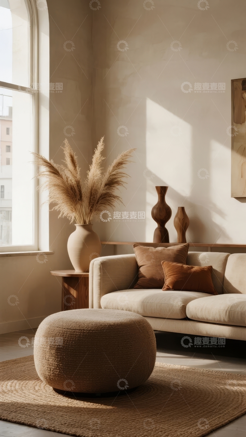 高清大图下载【趣麦麦图】阳光洒落的简约客厅角落摆放着装饰花瓶与抱枕