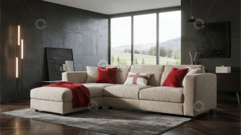 高清大图下载【趣麦麦图】现代客厅中米色沙发搭配红色靠垫和落地窗景观