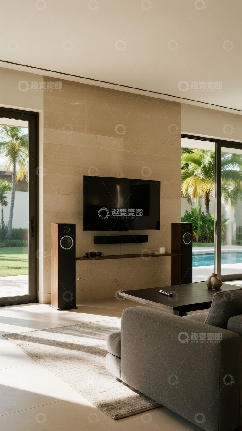 高清大图下载【趣麦麦图】现代客厅配备电视音响与落地窗景观
