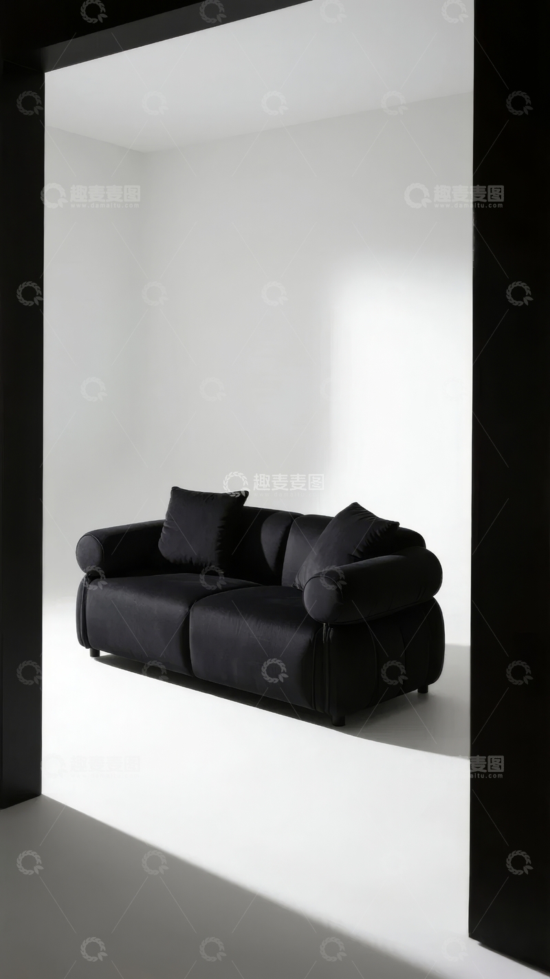 高清大图下载【趣麦麦图】简约黑白空间中的黑色沙发与光影效果