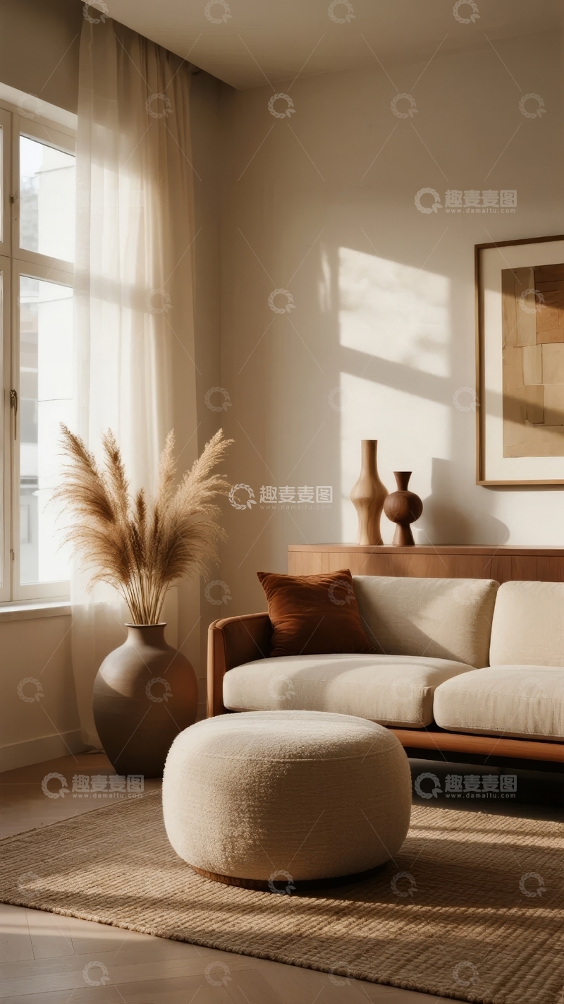 高清大图下载【趣麦麦图】阳光洒落的简约客厅角落