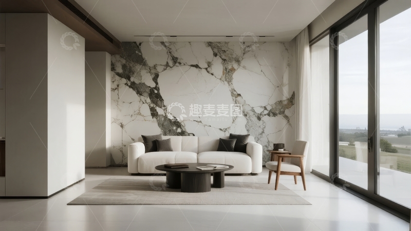 高清大图下载【趣麦麦图】现代简约客厅大理石墙面落地窗景观