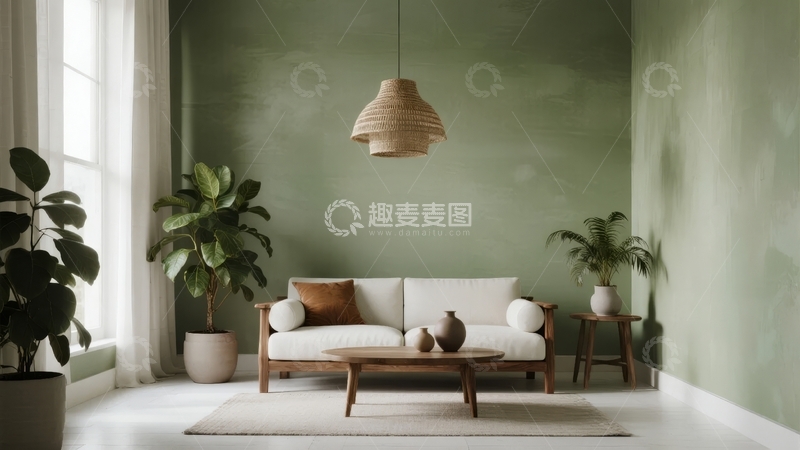 高清大图下载【趣麦麦图】绿色墙面现代简约客厅布置温馨舒适