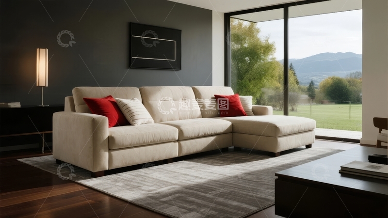 高清大图下载【趣麦麦图】现代客厅内米色沙发配红色靠垫窗外山景