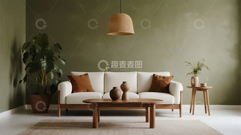 高清大图下载【趣麦麦图】简约风格客厅布置以浅色沙发和木质家具为主
