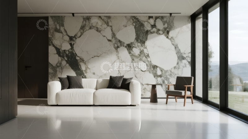高清大图下载【趣麦麦图】现代简约客厅大理石背景墙与大面积落地窗