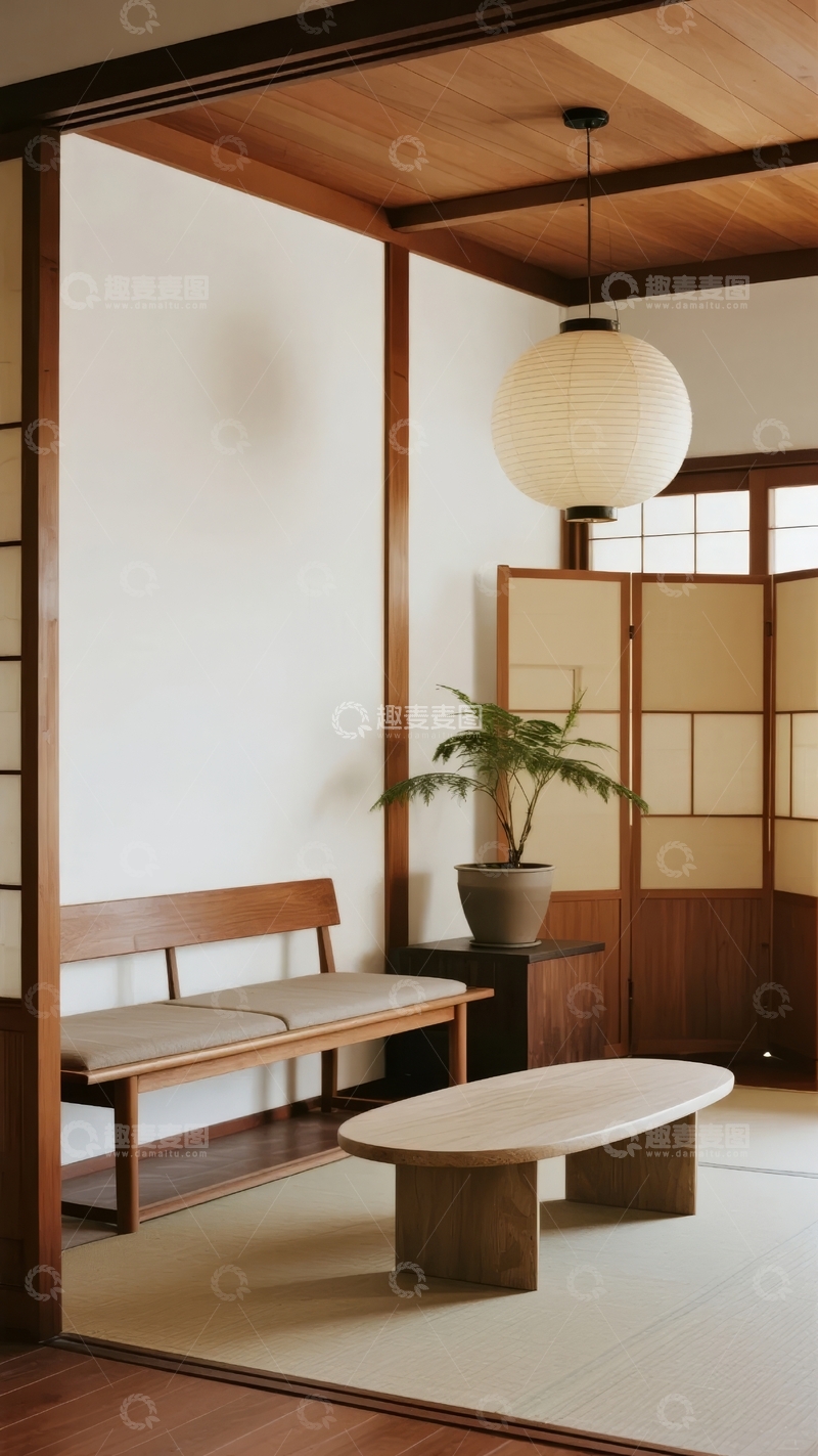 高清大图下载【趣麦麦图】日式风格室内空间展示木质天花板与简约家具