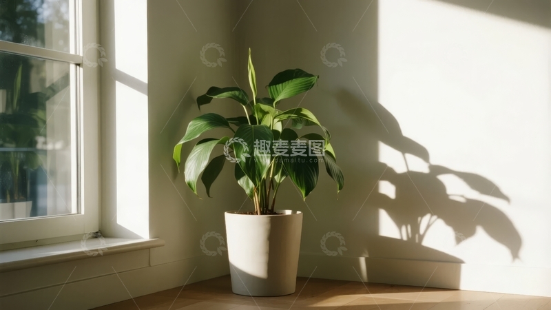 高清大图下载【趣麦麦图】室内窗边绿植在阳光下投射出阴影