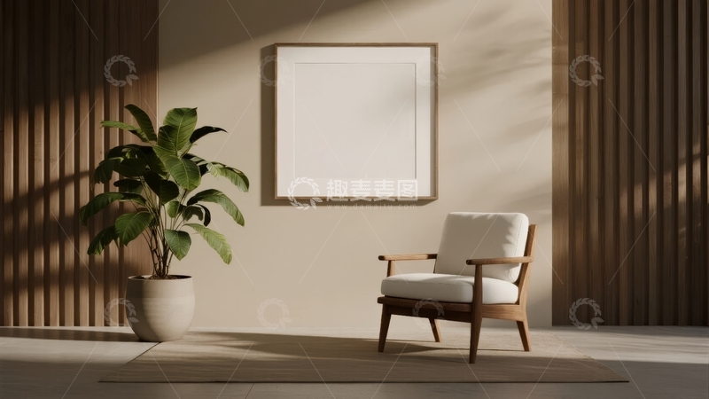 高清大图下载【趣麦麦图】简约室内一角摆放着单人椅和绿植