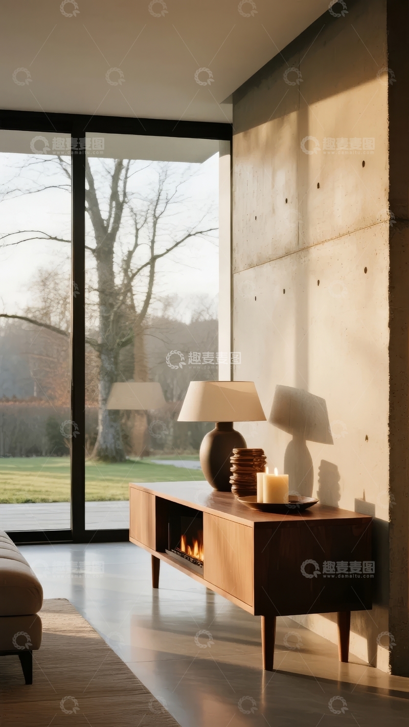 高清大图下载【趣麦麦图】现代客厅一角阳光透过落地窗照射在简约家具上