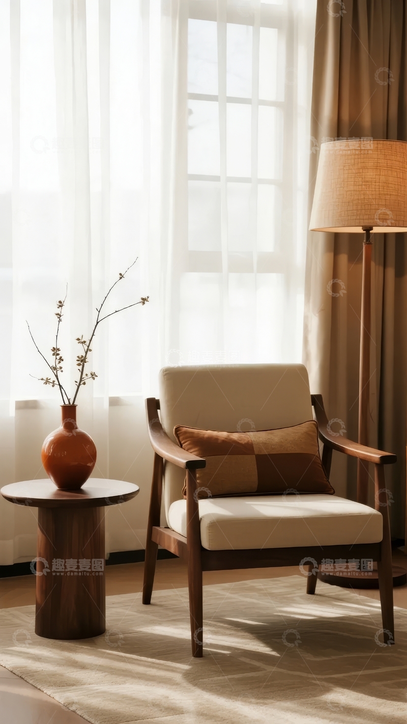 高清大图下载【趣麦麦图】温馨室内一角摆放着椅子、台灯和装饰花瓶