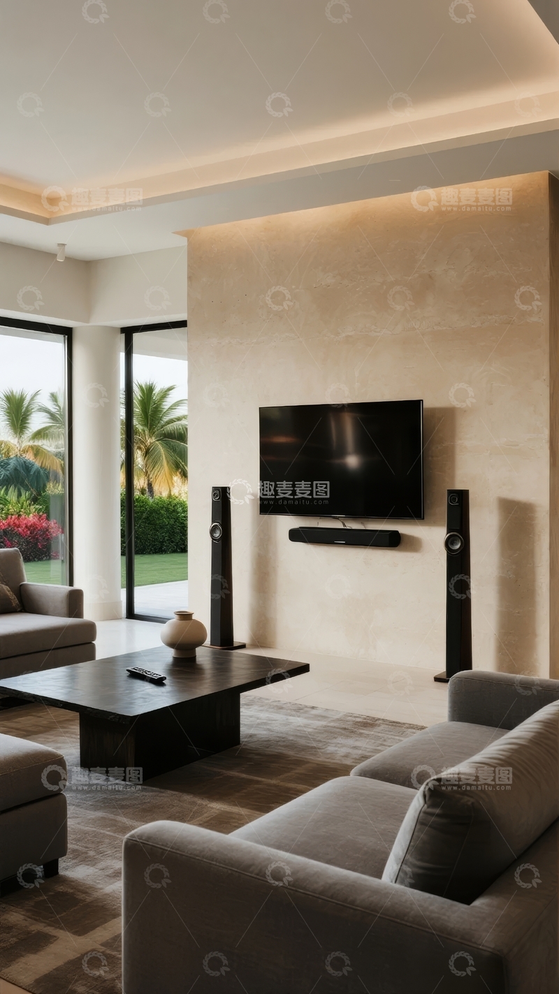 高清大图下载【趣麦麦图】现代客厅内景配有电视音响和落地窗景观