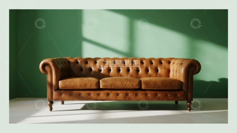 高清大图下载【趣麦麦图】复古风格棕色皮质沙发置于绿色墙壁前