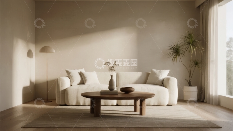 高清大图下载【趣麦麦图】简约风格客厅阳光洒落沙发茶几绿植点缀