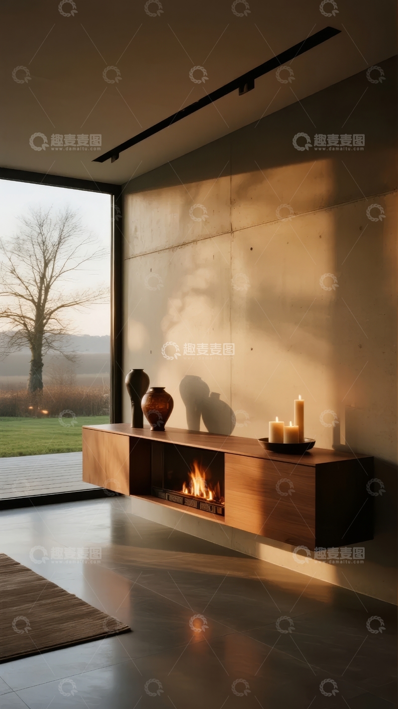 高清大图下载【趣麦麦图】现代简约客厅壁炉与窗外自然景观相映成趣
