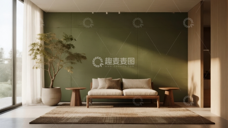 高清大图下载【趣麦麦图】现代简约风格客厅阳光洒在绿色墙壁与木质家具上