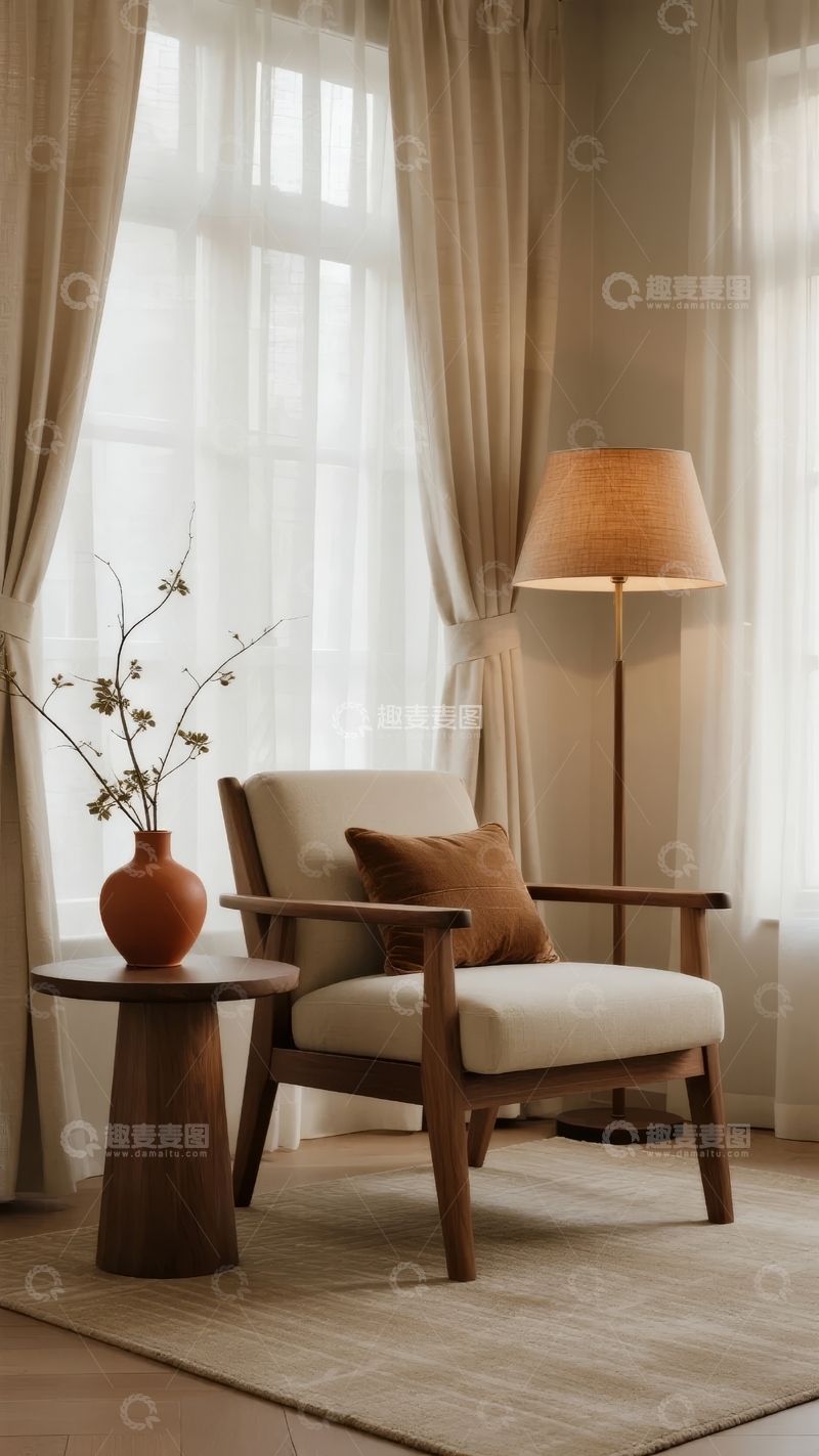 高清大图下载【趣麦麦图】温馨室内一角窗边摆放着椅子和落地灯