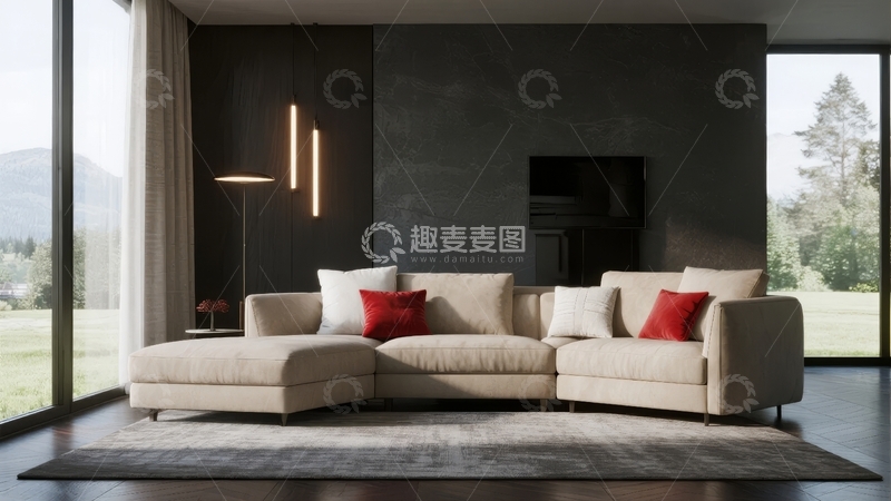 高清大图下载【趣麦麦图】现代客厅沙发搭配红色靠垫和落地窗景观