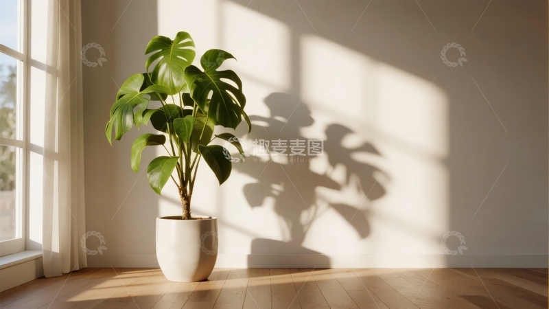 高清大图下载【趣麦麦图】室内阳光照射下的绿植与木质地板