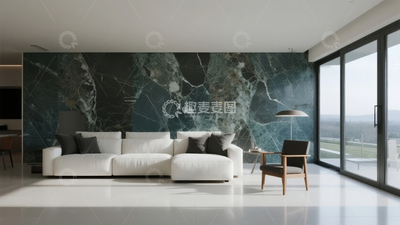 高清大图下载【趣麦麦图】现代客厅大理石背景墙配白色沙发和落地窗