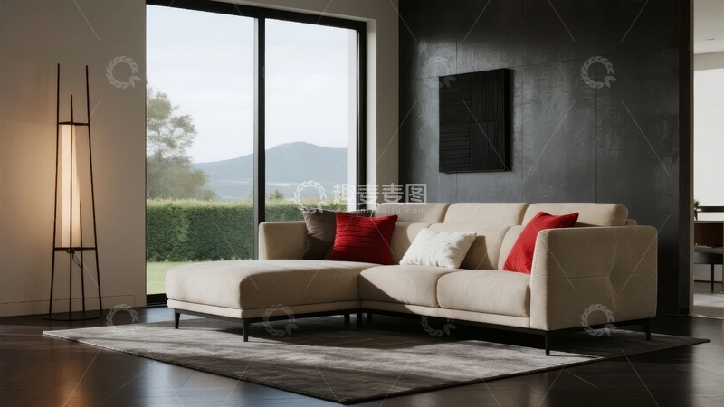 高清大图下载【趣麦麦图】现代客厅中米色沙发搭配红色靠垫和落地灯