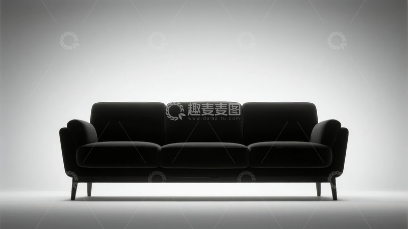 高清大图下载【趣麦麦图】现代简约风格黑色三人沙发置于纯白背景中