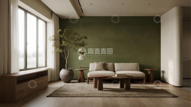 高清大图下载【趣麦麦图】现代简约风格客厅设计以绿色墙面和自然光为主