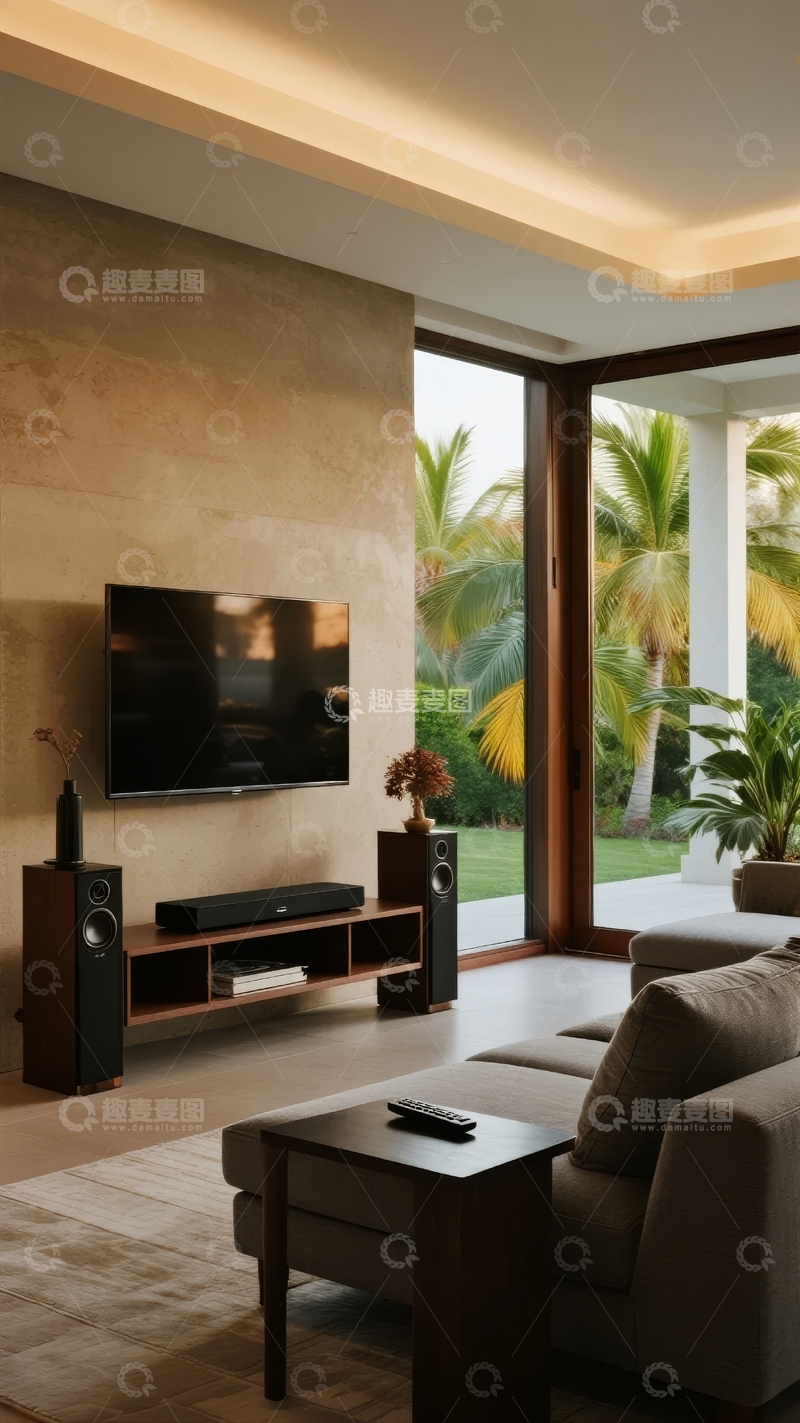 高清大图下载【趣麦麦图】现代客厅电视墙设计窗外绿植环绕