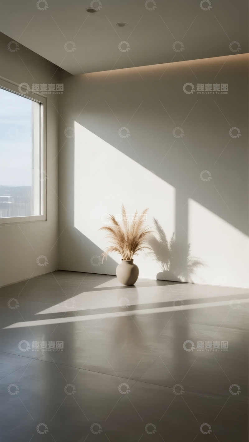 高清大图下载【趣麦麦图】简约室内空间阳光透过窗户洒在墙角的植物上