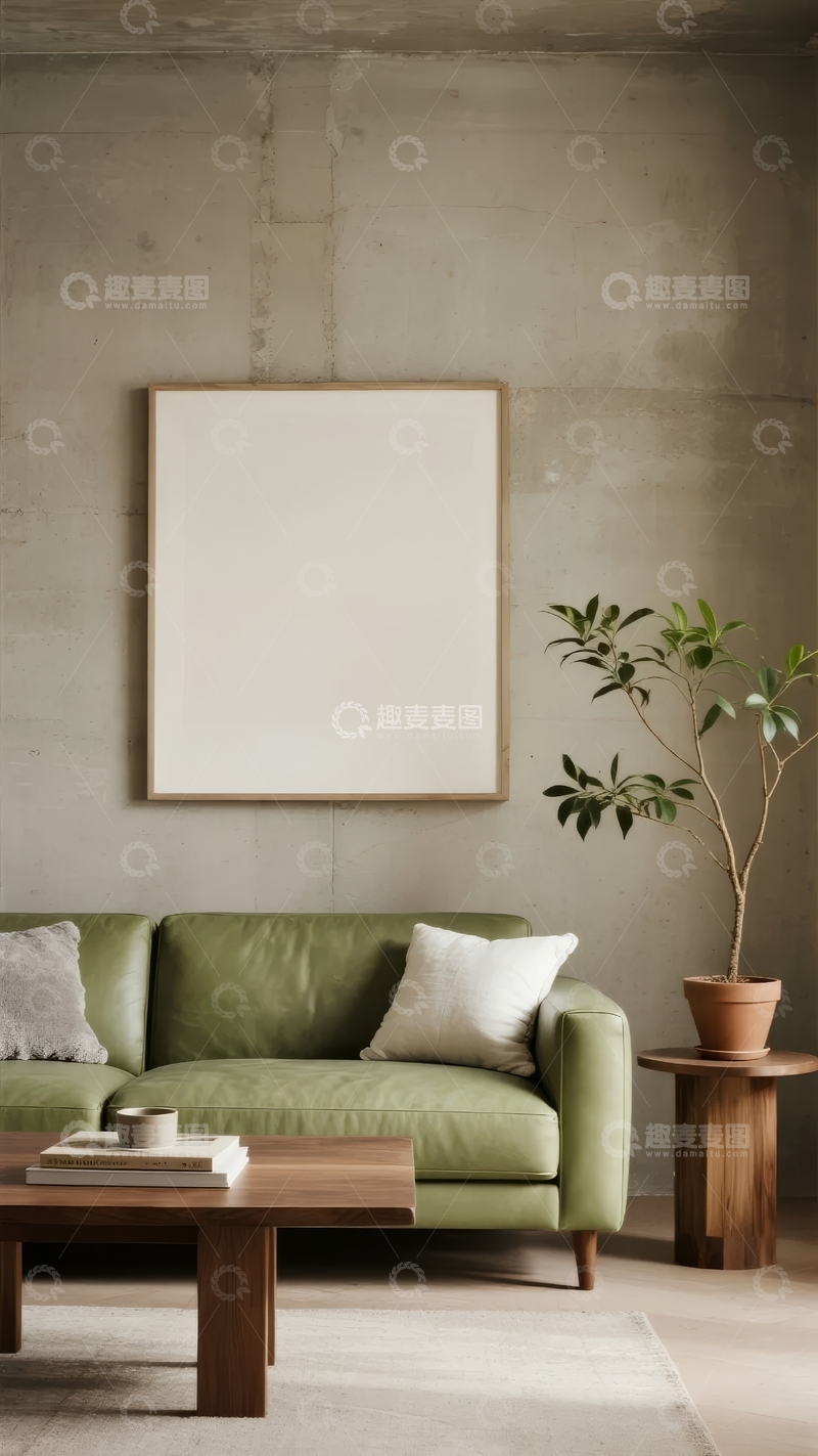 高清大图下载【趣麦麦图】简约风格客厅沙发旁绿植与空白画框装饰
