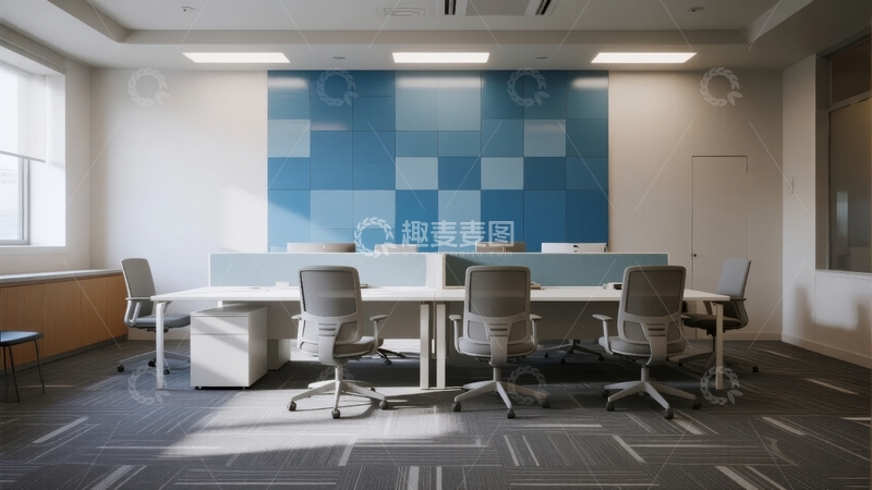 高清大图下载【趣麦麦图】现代办公室会议室配备蓝色几何墙和白色长桌