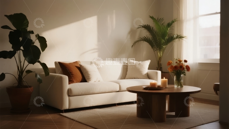 高清大图下载【趣麦麦图】阳光洒落的现代简约客厅角落