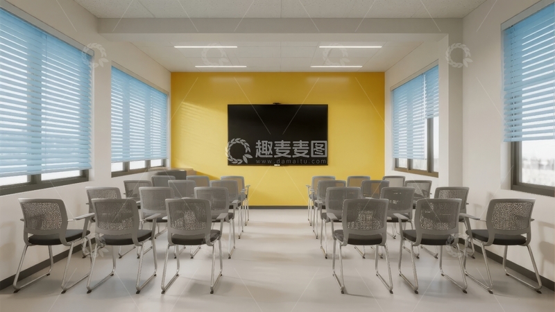 现代会议室布置整齐配备大屏幕和蓝色百叶窗