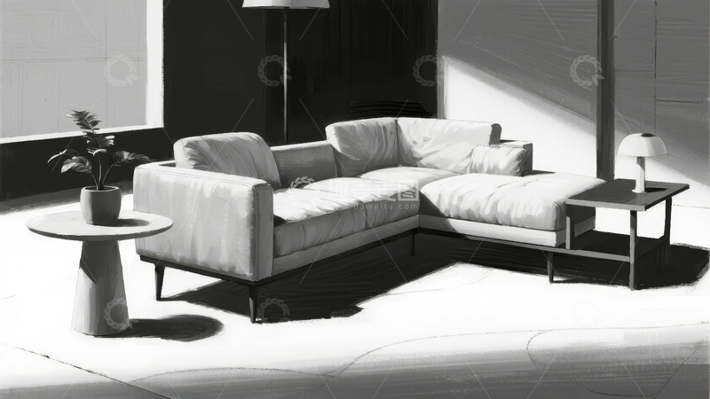 现代简约风格客厅黑白照片沙发茶几绿植光影