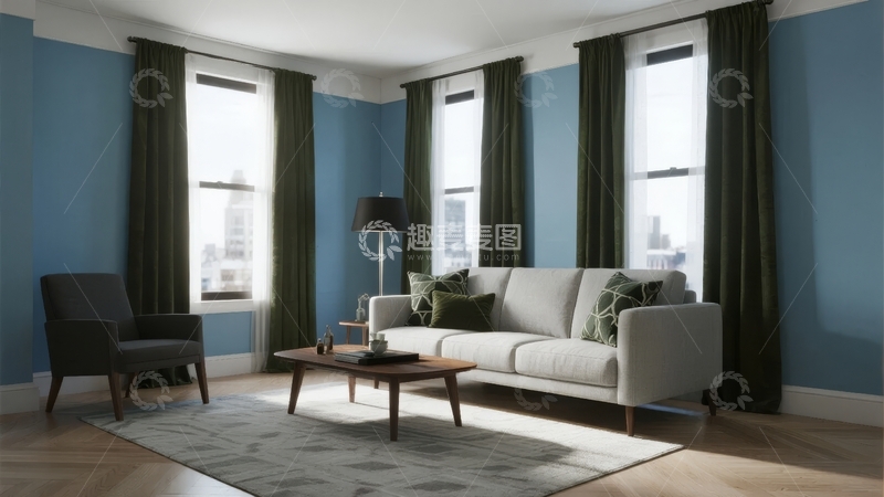 高清大图下载【趣麦麦图】蓝色墙面客厅配深绿色窗帘和简约家具