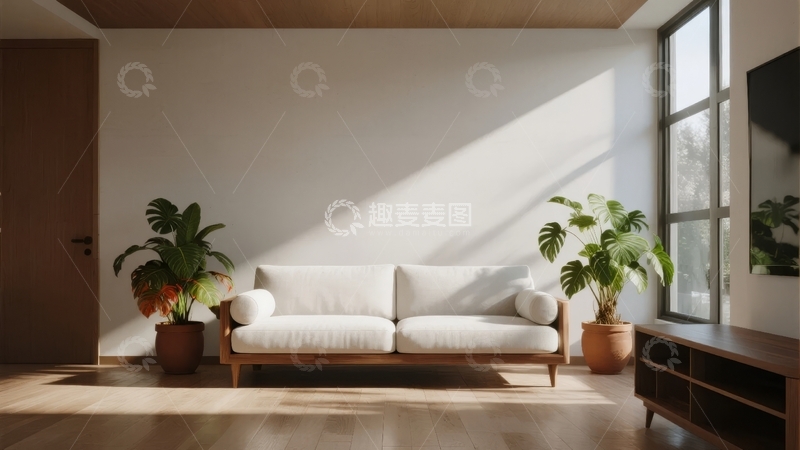 高清大图下载【趣麦麦图】简约现代客厅阳光洒落沙发旁绿植点缀