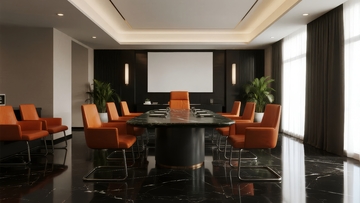 现代会议室配备橙色座椅和大型投影屏幕