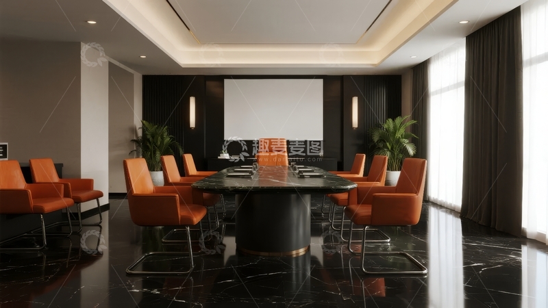 现代会议室配备橙色座椅和大型投影屏幕