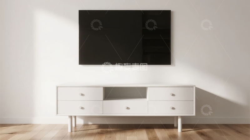 高清大图下载【趣麦麦图】现代简约风格客厅墙面悬挂电视与白色柜子