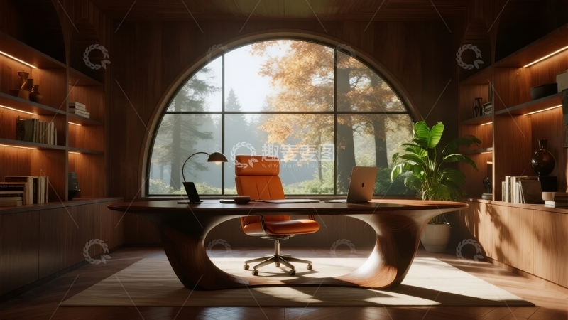 高清大图下载【趣麦麦图】现代办公室内景透过大窗可见森林景观