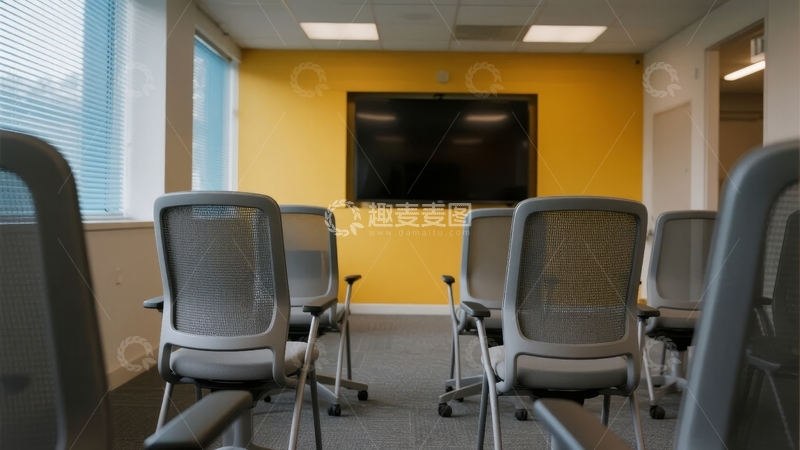 高清大图下载【趣麦麦图】黄色墙壁会议室配备多排座椅和大屏幕