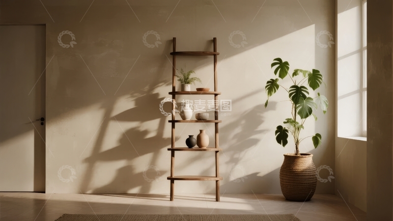 高清大图下载【趣麦麦图】室内木质置物架与绿植光影装饰