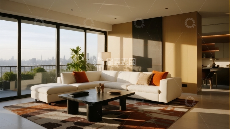 高清大图下载【趣麦麦图】现代客厅景观窗边沙发与城市天际线