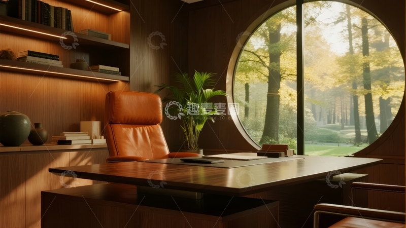 高清大图下载【趣麦麦图】现代办公室内景配有圆形大窗和木质家具
